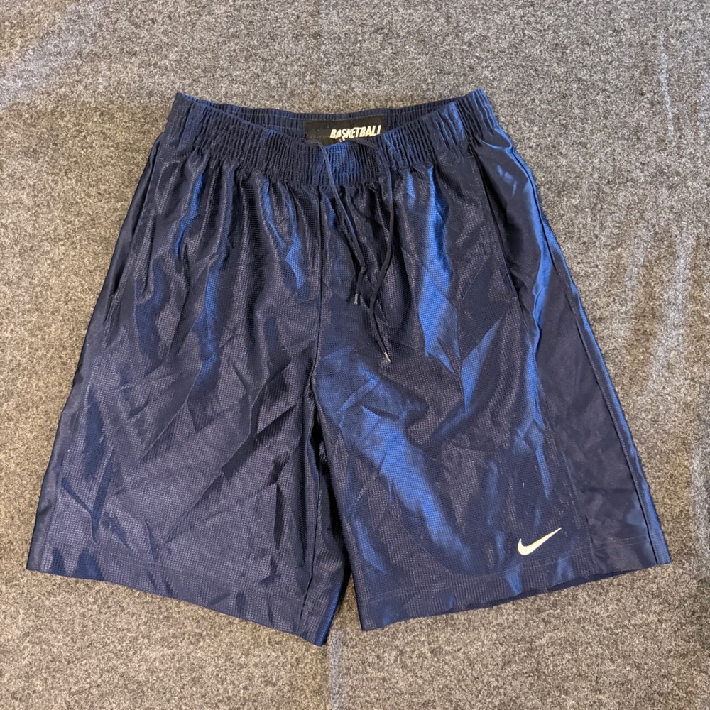 Nike Basketball Shorts Mens Medium Navy Blue Shiny Mesh Swoosh Athletic